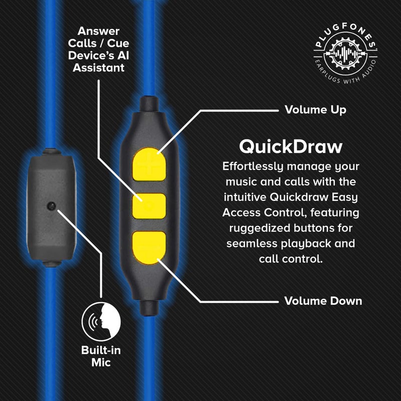 Plugfones Guardian Plus in-Ear Earplug Earbud Hybrid - Noise Reduction in-Ear Headphones with Noise Isolating Mic and Controls (Yellow & Blue) - Image 4
